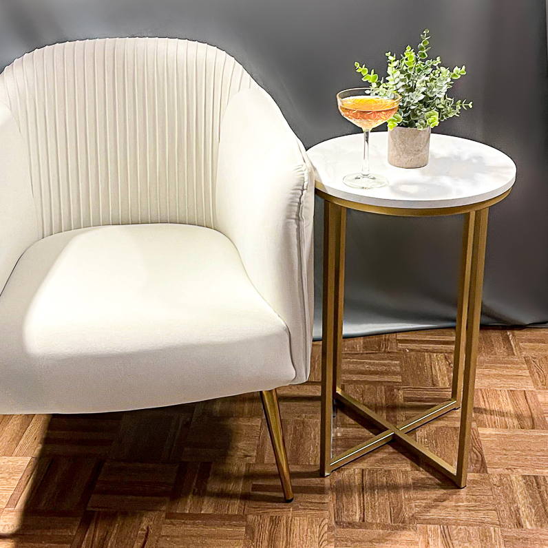 Mara Velvet Barrel Chair with White Marble End Table, Gold